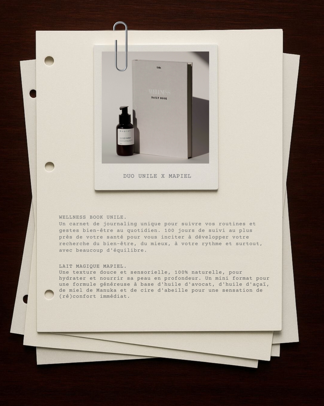 Rituel selfcare avec le carnet de journaling Unile et le soin corps Mapiel, pour une routine bien-être de l'intérieur