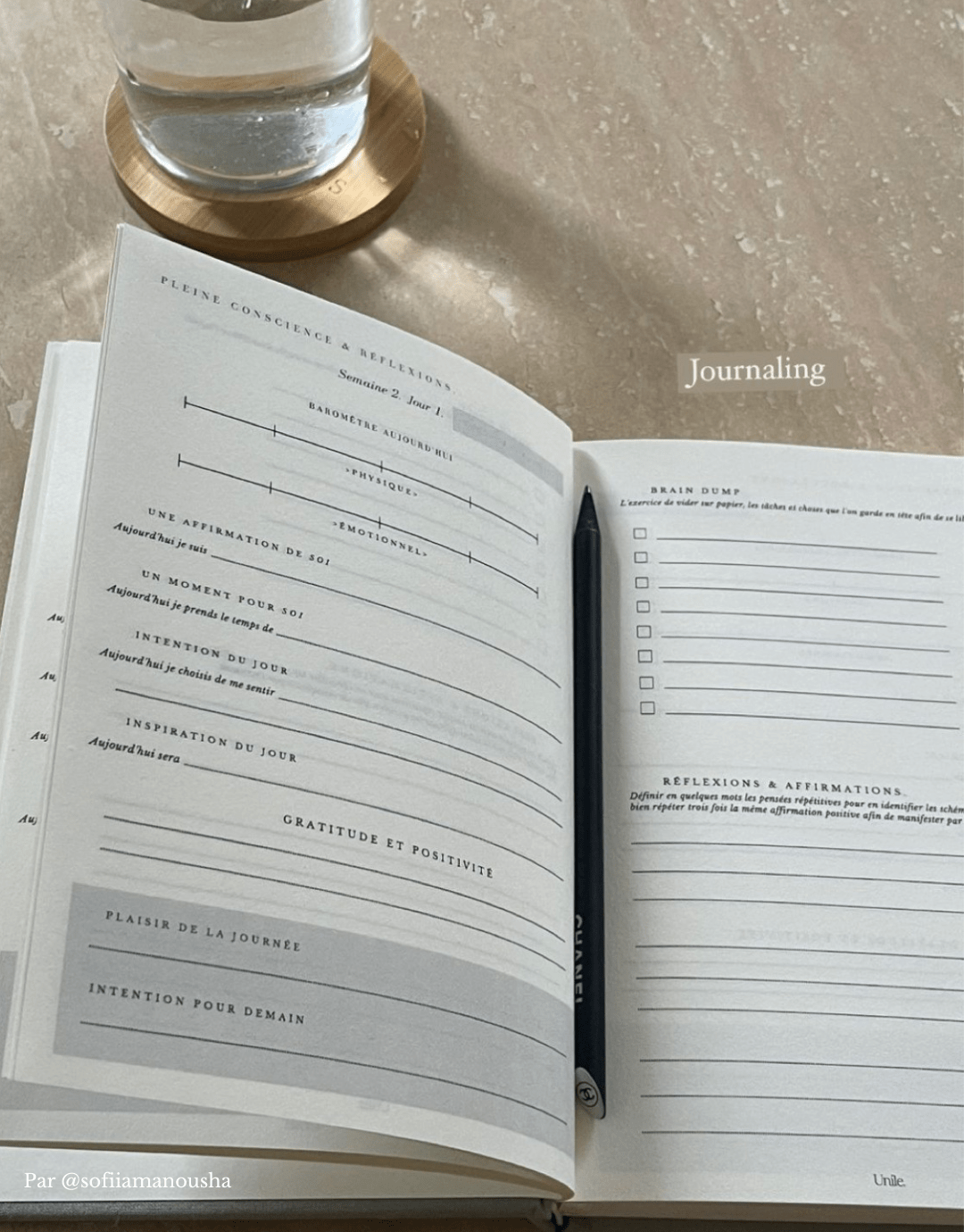 Journal Unile par Sofiia Manousha - page journaling quotidien, gratitude, intentions et affirmations.