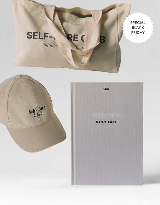 Le set sporty en promotion avec le wellness book Unile, la casquette et le maxi shopper self-care Club.