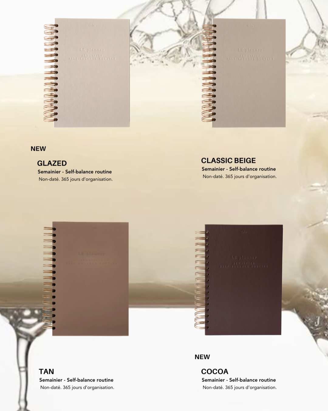 Planner féminin unile en coloris glazed, classic beige, tan et cocoa.