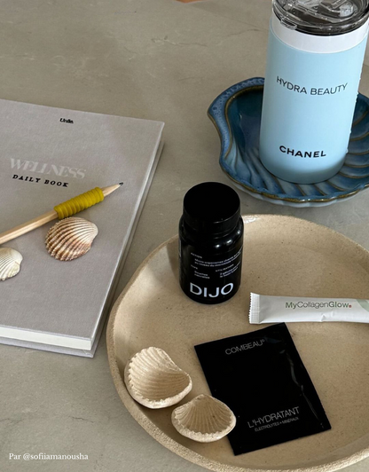 Wellness book, compléments Dijo, Hydra Beauty de Chanel et L'Hydratant Combeau par Sofiia Manousha.