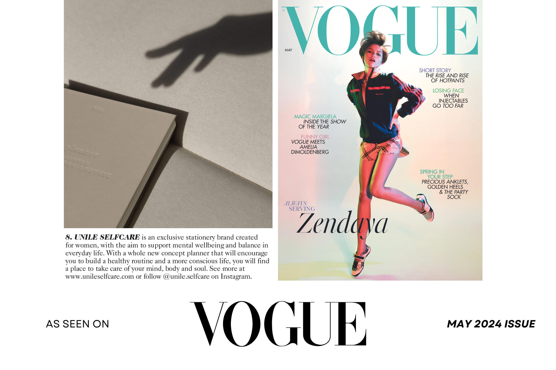 collage de la couverture du magazine Vogue du mois de mai 2024 avec photo du planner et texte de la marque Unile